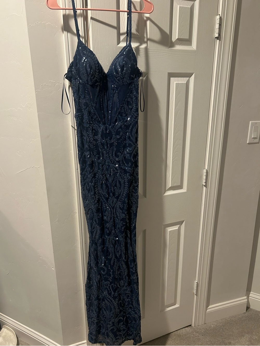 Wave of Life Navy Blue Sequin Embellished Evening Gown